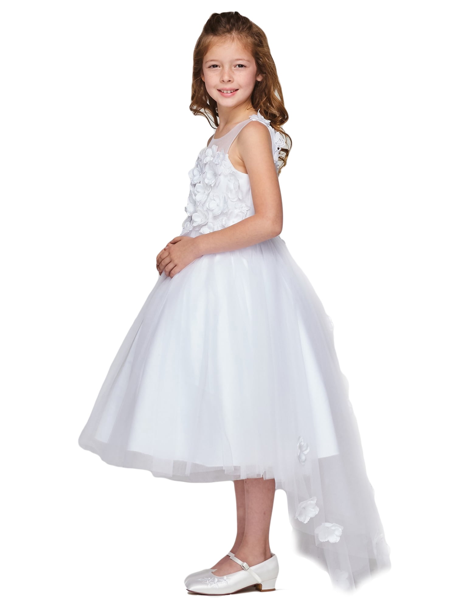Cinderella Couture Big Girls White 3D Flower Adorned HighLow Tulle