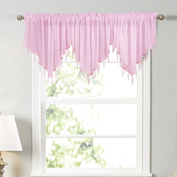 HCBY Lace Valance Swag Curtain 51 Inch Scalloped Sheer Curtain Panels with Crystal Beads - Rod Pocket Farmhouse Window Treatment for Kitchen Bedroom 3pcs Boho Chic Drape Decor Pink
