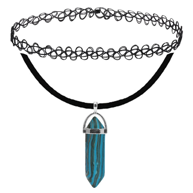 BodyJ4You Ensemble de 2 Colliers Ras du Cou Tatouage Henné Pierre Turquoise Verte Pendentif Perles Pointues