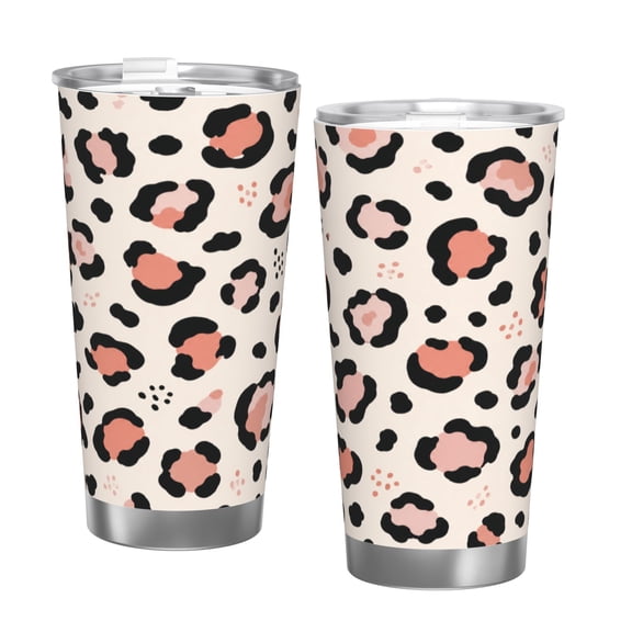20oz Pink Leopard Print Insulated Tumbler with Handle and Straw Lid Car Cup Holder Friendly Travel Coffee Cup Gift with Single Silver Rim