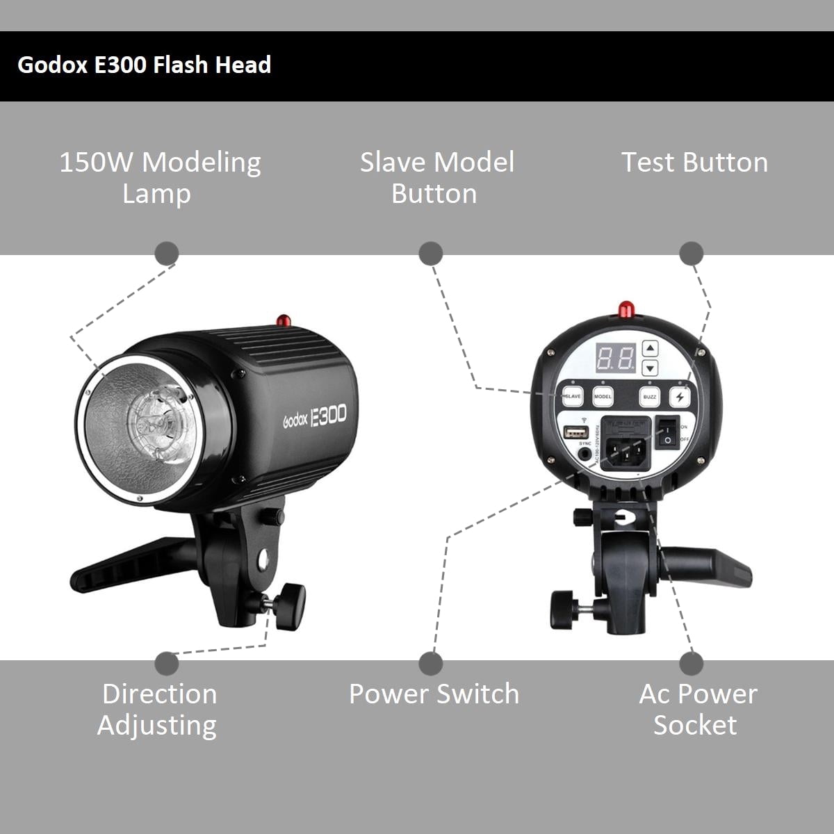 FOTGA Godox E300 Mini Tête Lampe Flash Studio Stroboscopique 300W