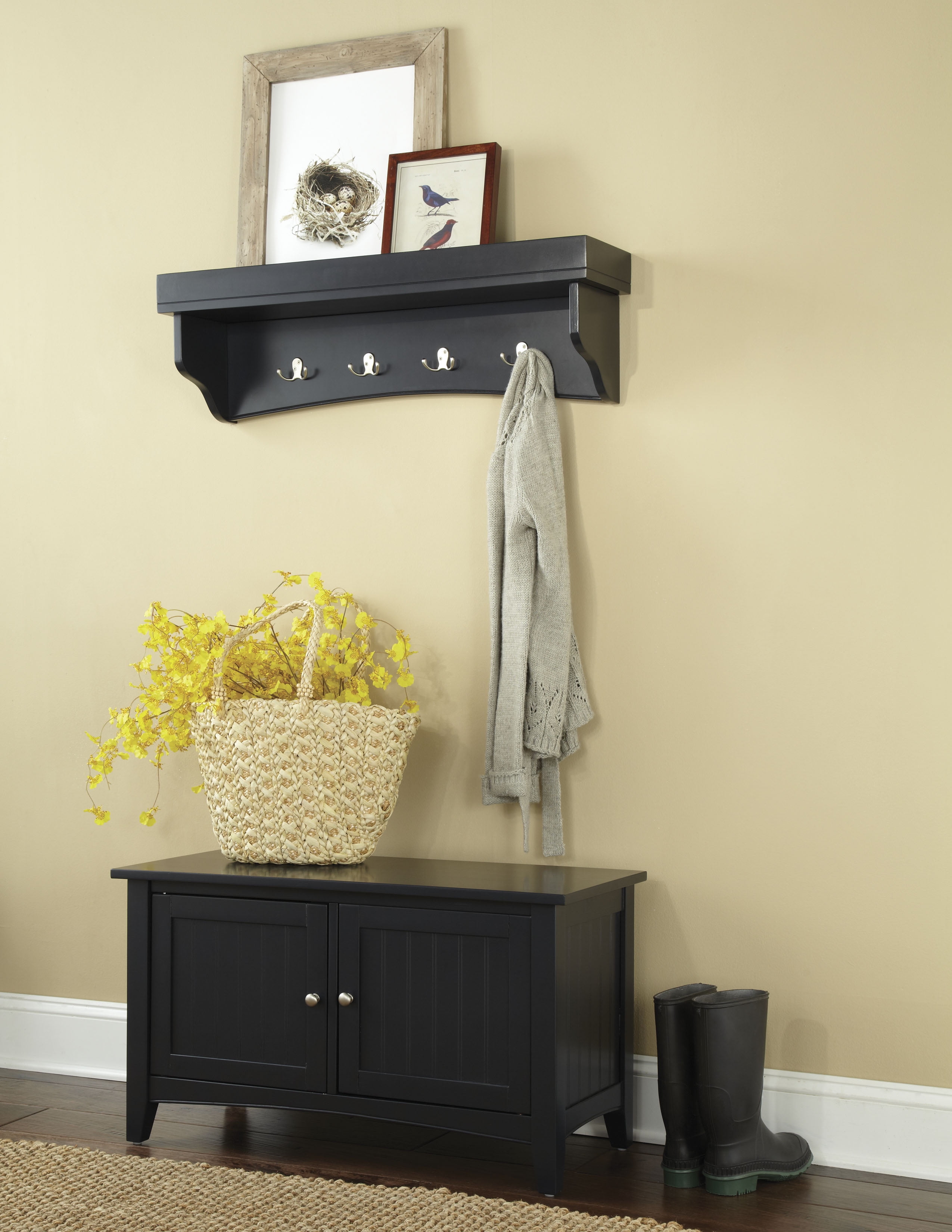 Alaterre Shaker Cottage Bench/Coat Hooks with Tray, Black - Walmart.com