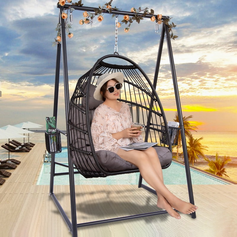 Rattan Egg Swing Chair with Stand & Cushion Set, Heavy Duty Hanging Stand with Wicker Hammock