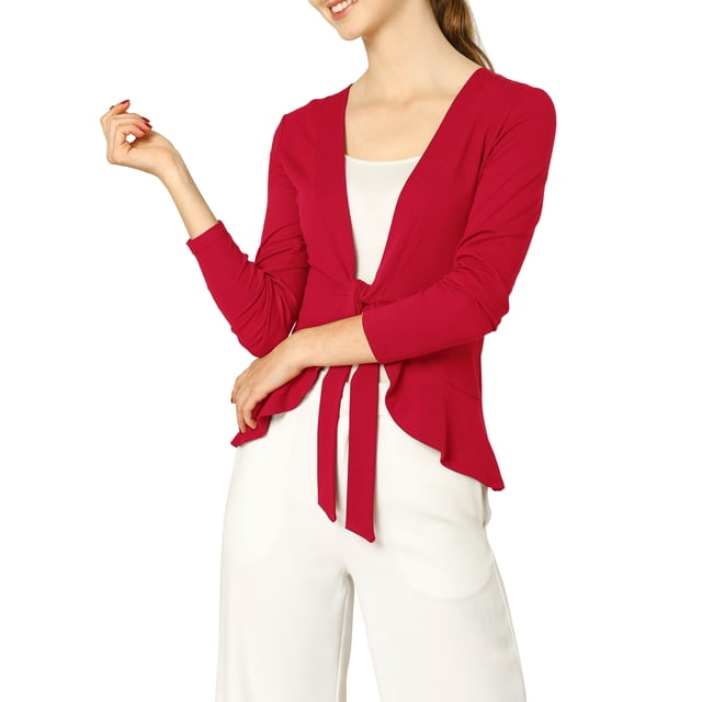 Allegra K Juniors Tie Open Front Long Sleeve Knit Metallic Ruffled Crop Cardigan