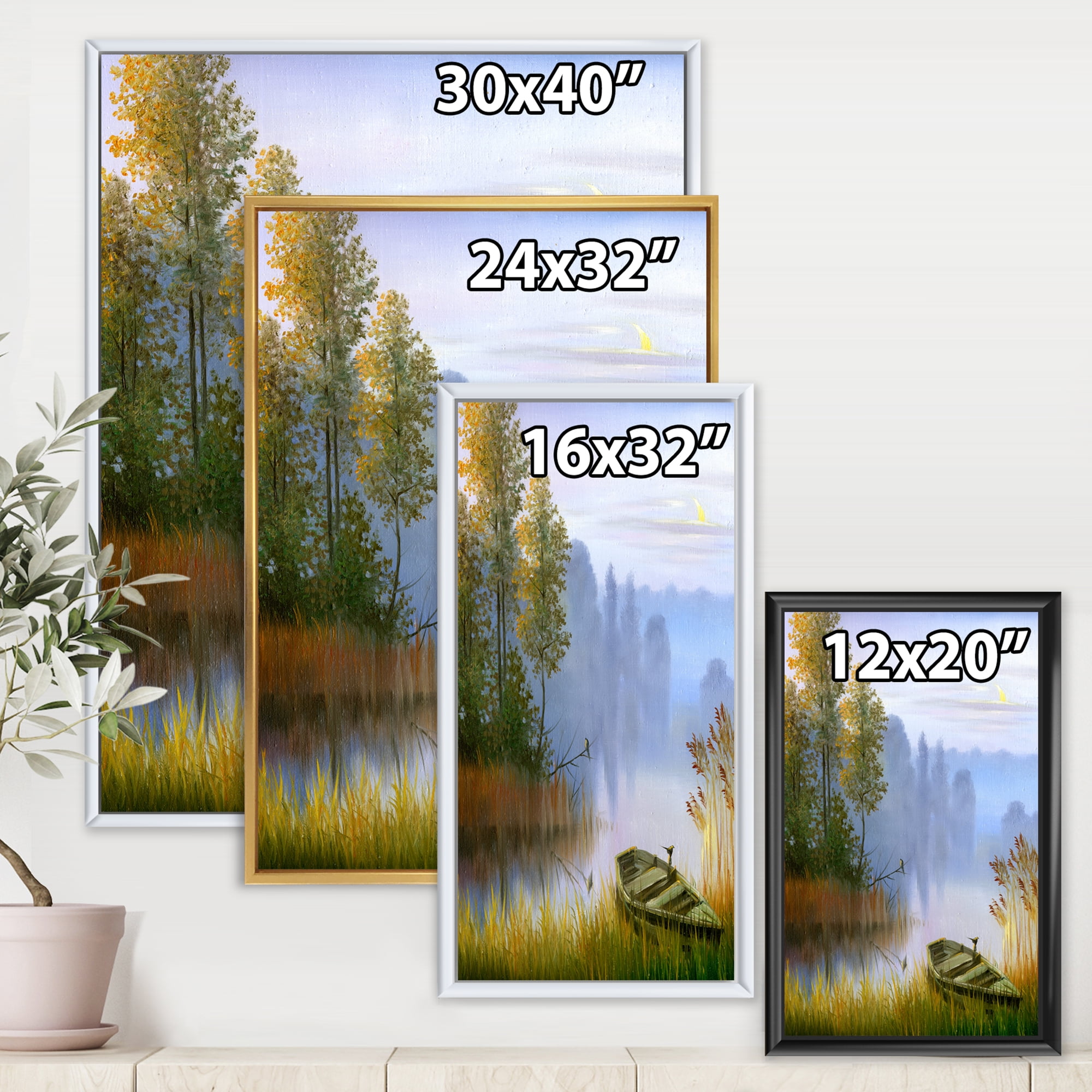 The Bank Of The Lake With The Boat 12 in x 20 in Framed Painting Canvas Art Print, by Designart
