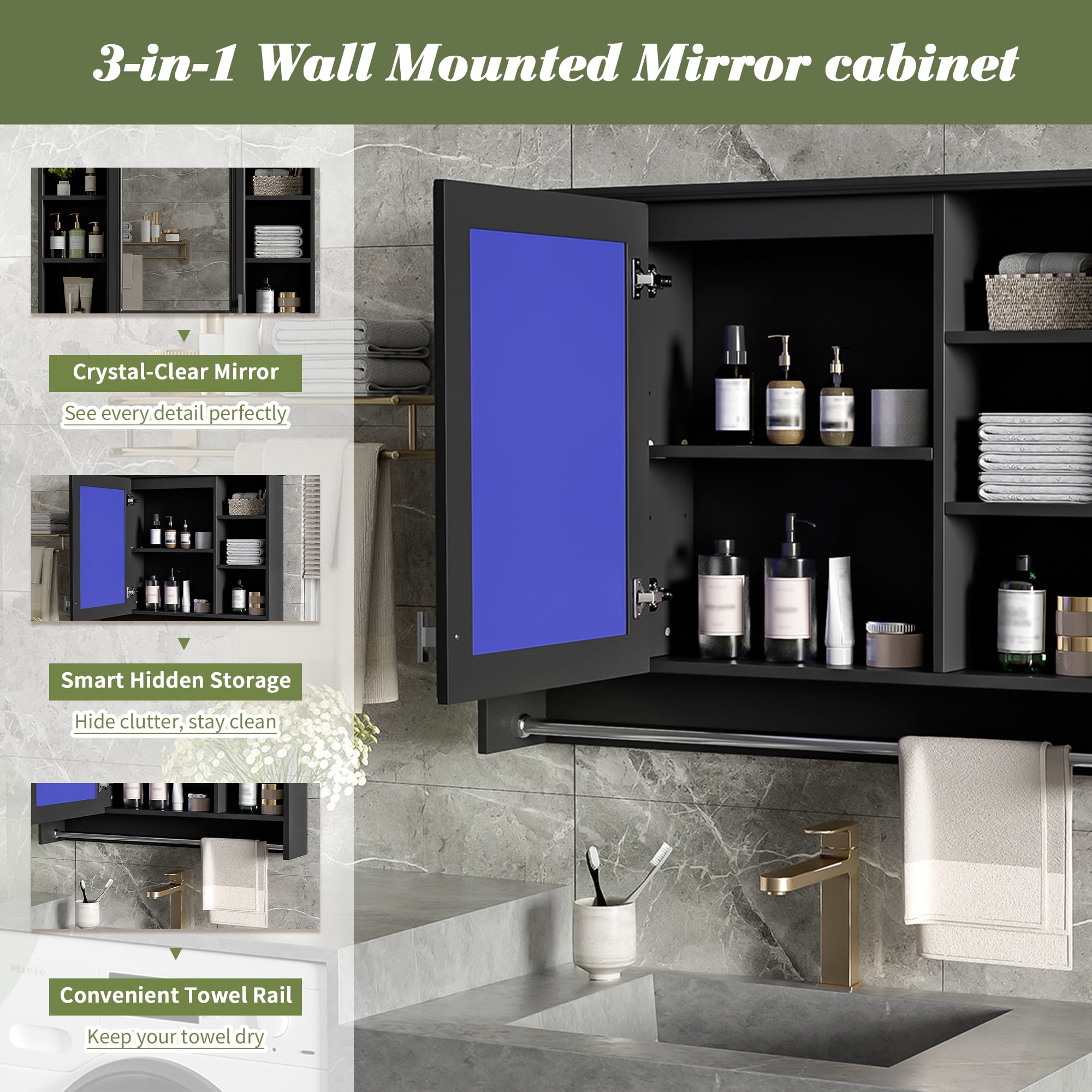 Euroco 3-in-1 Bathroom Mirror Cabinet, 36-inch Wall Mounted Medicine Cabinet with Adjustable Shelf & Soft Close Door, High-Define Mirror with Storage for Bathroom Vanity