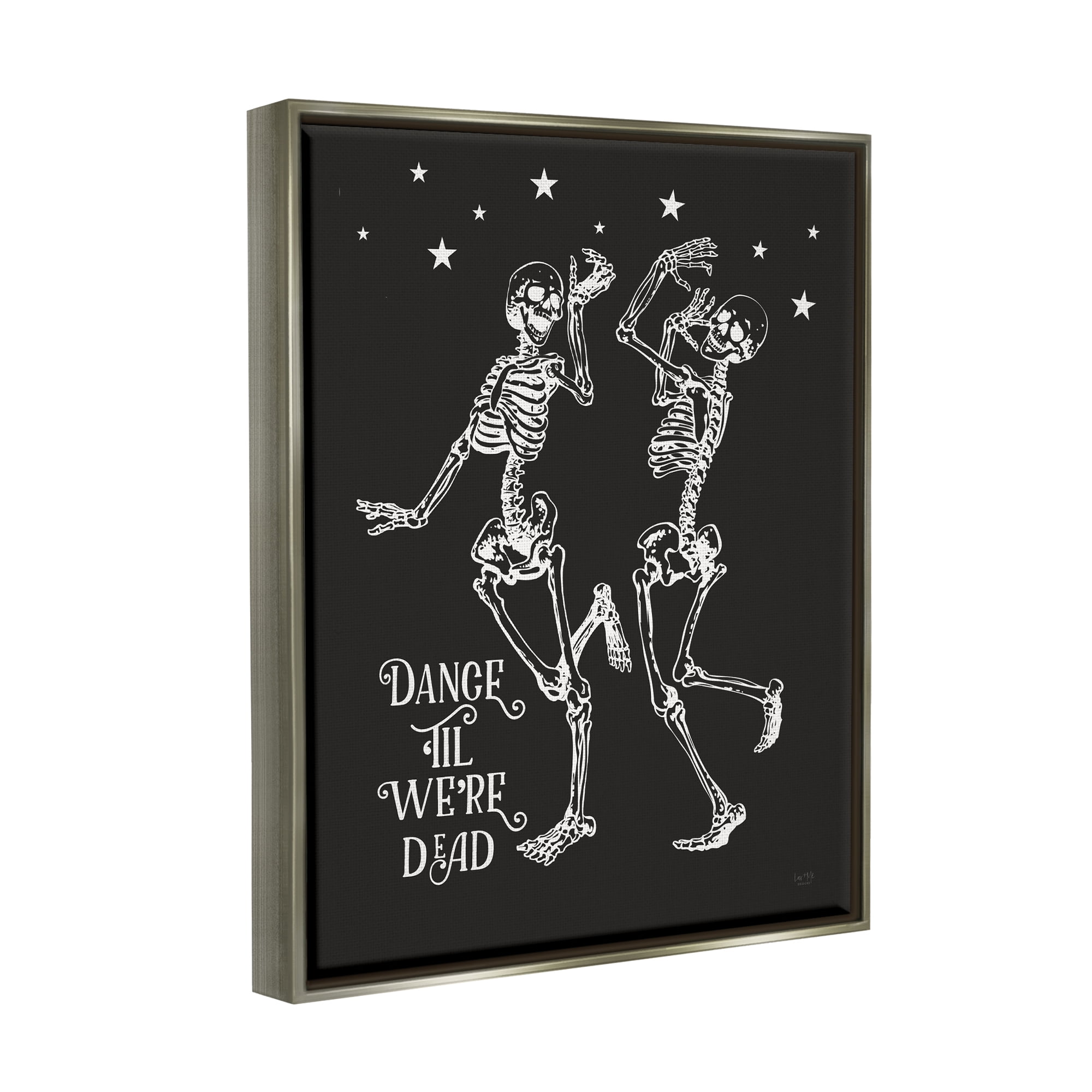 Stupell Industries Dance 'Til We're Dead Skeletons Holiday Painting Gray Floater Framed Art Print Wall Art, 25 x 31