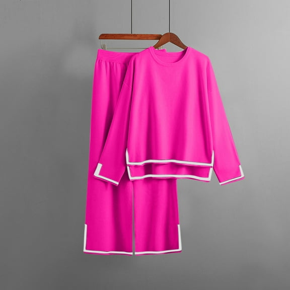 Usmixi Holiday Loungewear Set for Women 2 Pieces Outfit for Women Side Slit Long Sleeve Pullover Tops and Wide Leg Elastic Waist Pant Lounge Sets Casual Solid Homewear Set