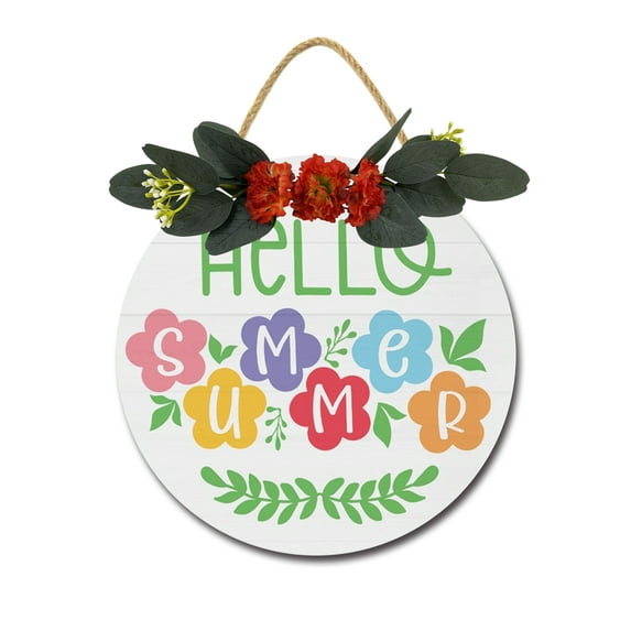 Eveokoki Hello Summer Front Door Sign Funny Wreaths Hanging Wooden Plaque Decoration Round Rustic Wood Farmhouse Porch Decor for Home Front Door Decor, 11 x 11 Inch