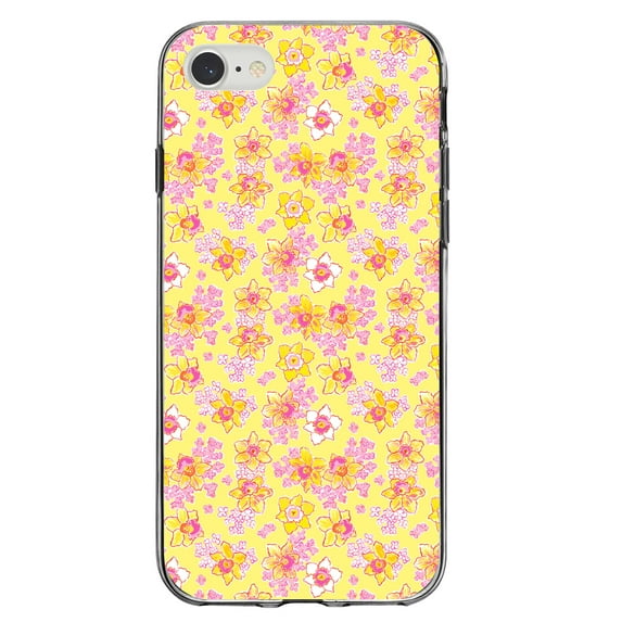 DistinctInk Clear Shockproof Hybrid Case for iPhone 7 8 SE (2020 Model) 4.7" Screen TPU Bumper Acrylic Back Tempered Glass Screen Protector - Preppy Pattern - Pink Yellow White Flowers Floral