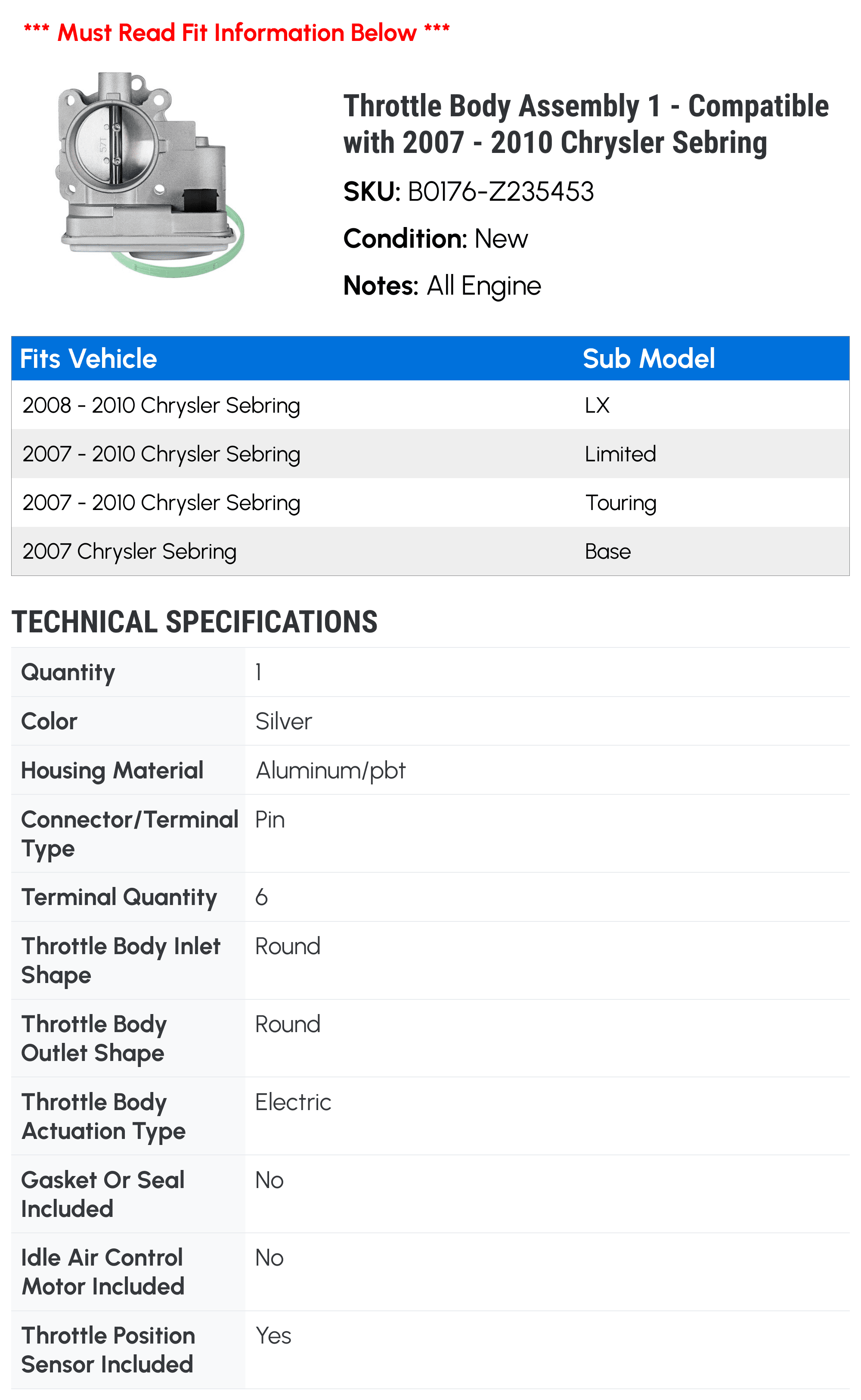 Throttle Body Assembly 1 - Compatible with 2007 - 2010 Chrysler Sebring - Autopart Premium