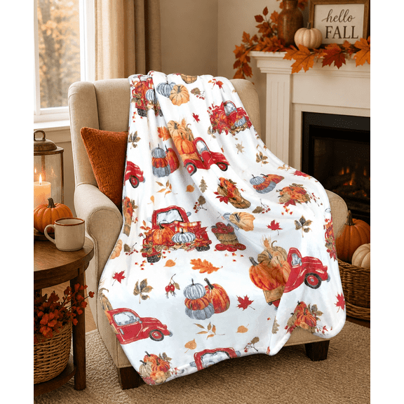 Serafina Home Fall Fleece Throw Blanket: Soft Cozy Plush Accent for Bed or Couch (Country Farm Truck, 50 x 60 inches)