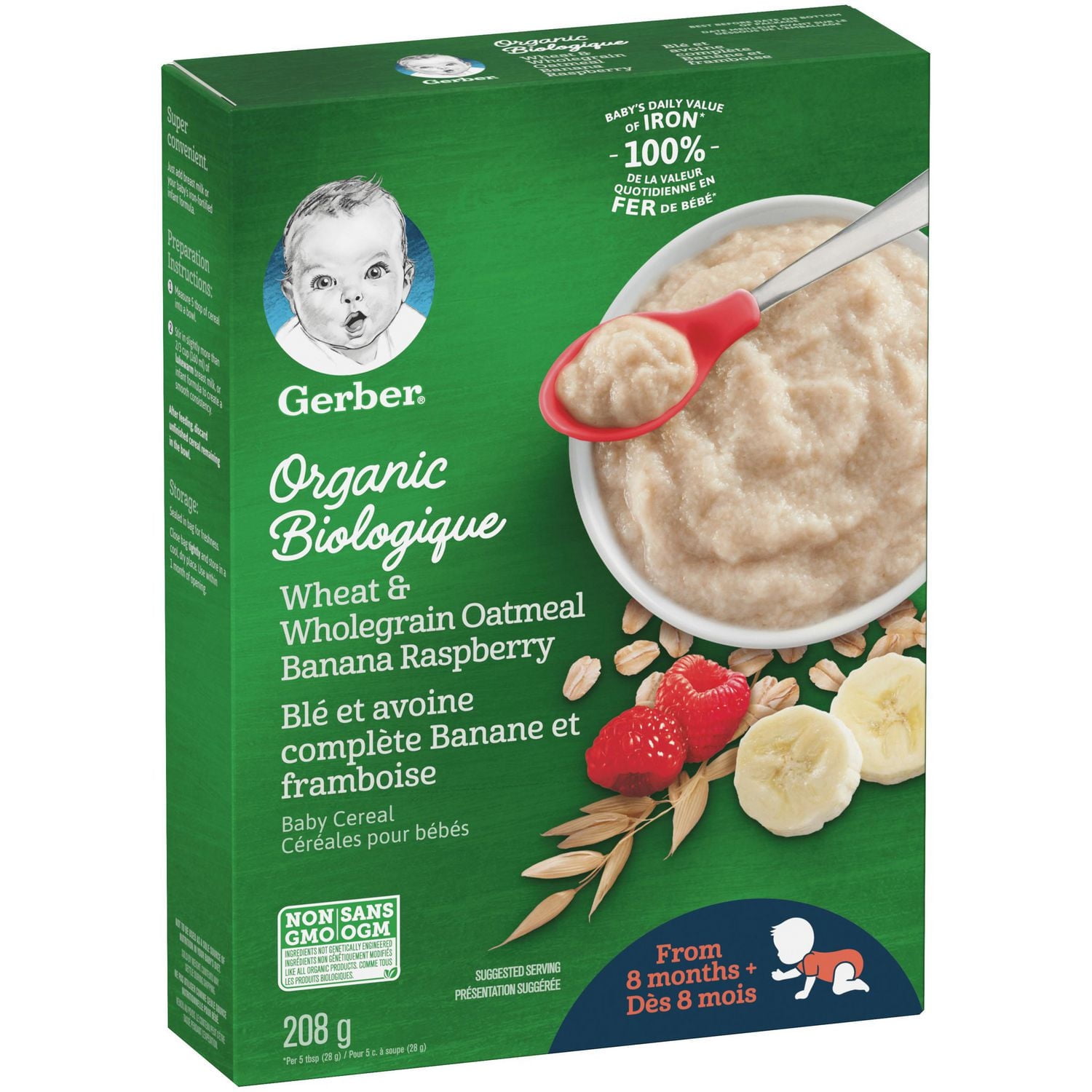 GERBER® Organic Wheat & Wholegrain Oatmeal Banana Raspberry Cereal 208 g