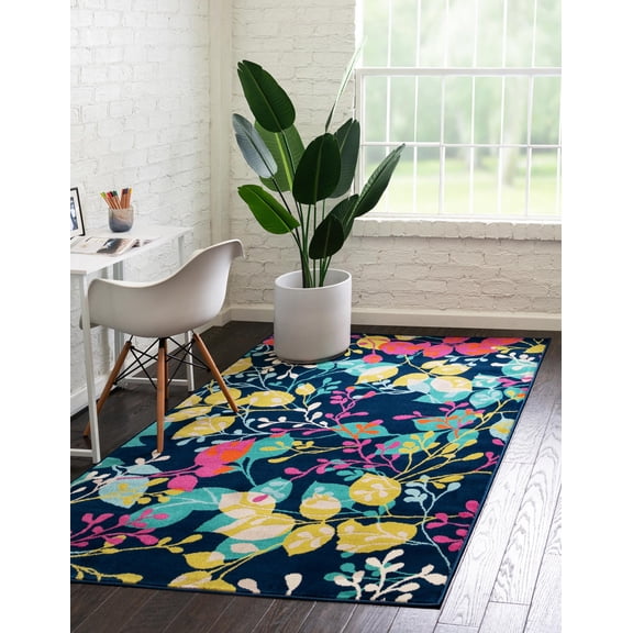 Unique Loom Indica Azalea Rug Navy Blue/Ivory 7' 10" x 10' Rectangle Botanical Modern Perfect For Living Room Bed Room Dining Room Office
