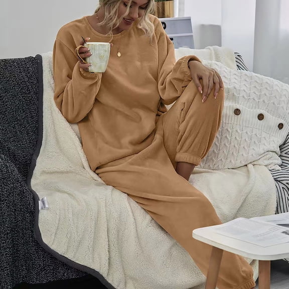 LIZUOJUN Pajama Sets for Women 2 Piece Fleece Long Sleeve Pants Sleepwear Lounge Set Soft Cozy Warm Pjs Loungewear Round Neck Pajama Warm Cozy Sleepwear - L