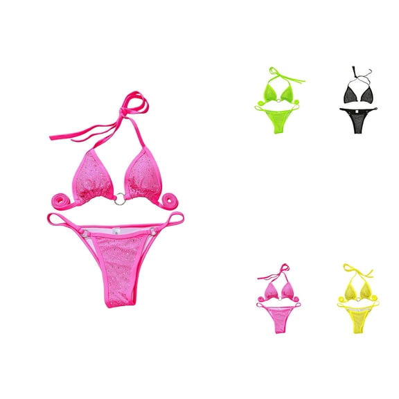 Women's Push Up Bandeau Bandage Bikini Set with Glitter Halter Ring, Triangle String Swimwear, Brazilian Style Beachwear, Sexy Two Piece Bathing Suit