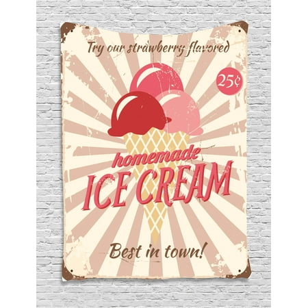 Ice Cream Decor Tapestry, Vintage Sign with Homemade Ice Cream Best in Town Quote Print, Wall Hanging for Bedroom Living Room Dorm Decor, 60W X 80L Inches, Red Coral Cream Tan, by (Best Way To Tan At Home)
