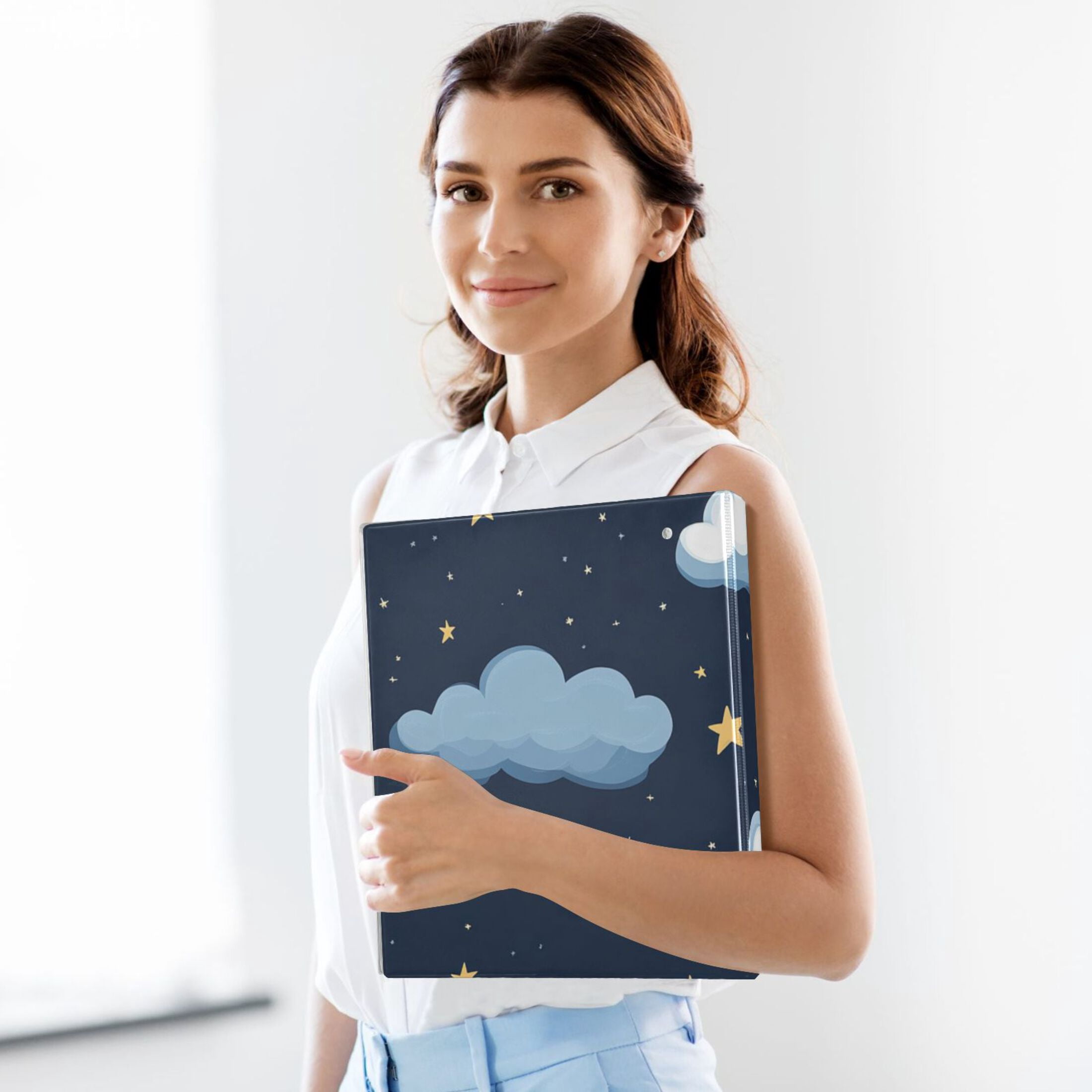 Clouds Stars 3 Ring Binders 1.5 inch Hardcover File Folders with Interior Pockets A4 Size Organizer for School Office Hospital