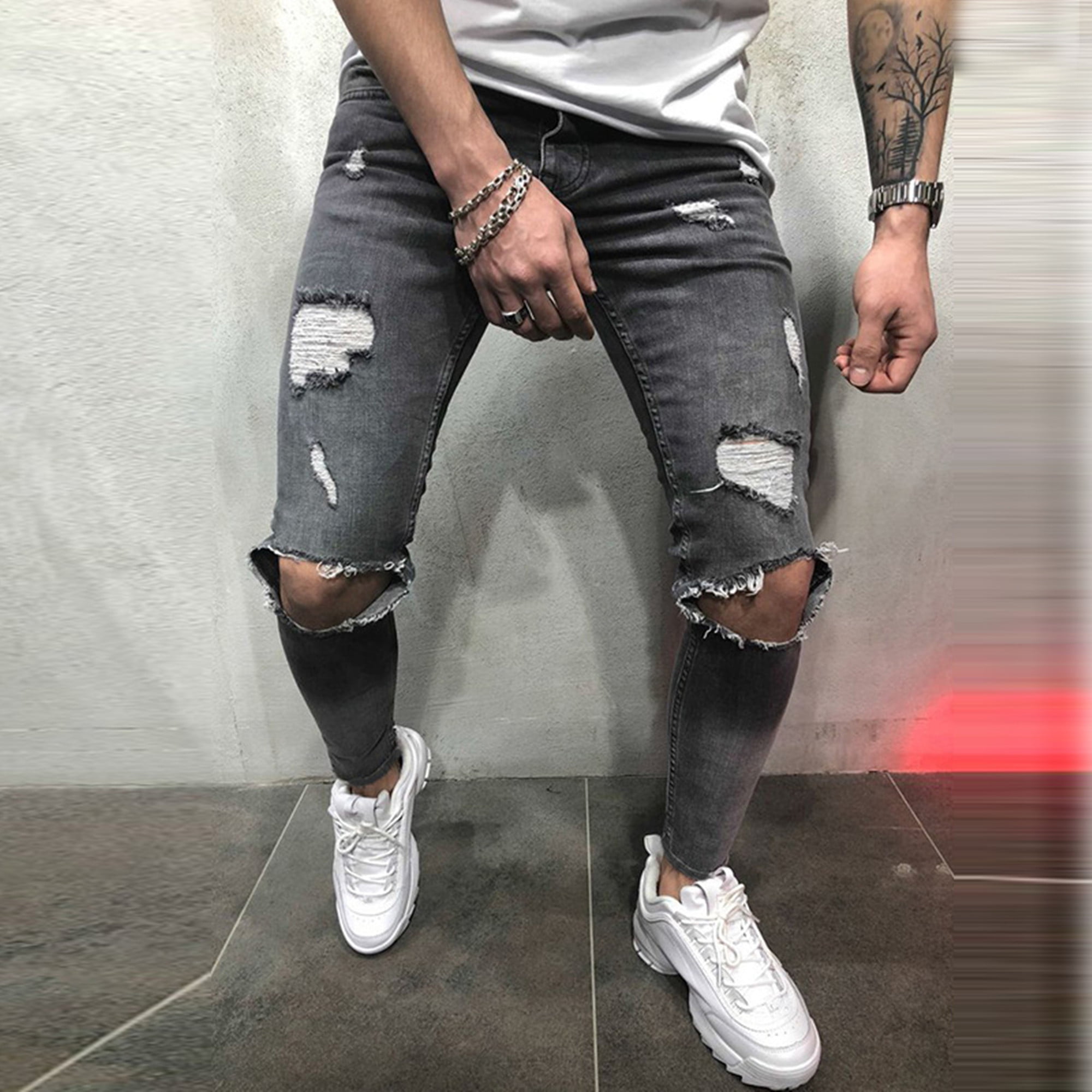 Men Casual Knee Hole Denim Pants Flared Bootcut Ripped Jeans Trousers Loose  Thin | eBay