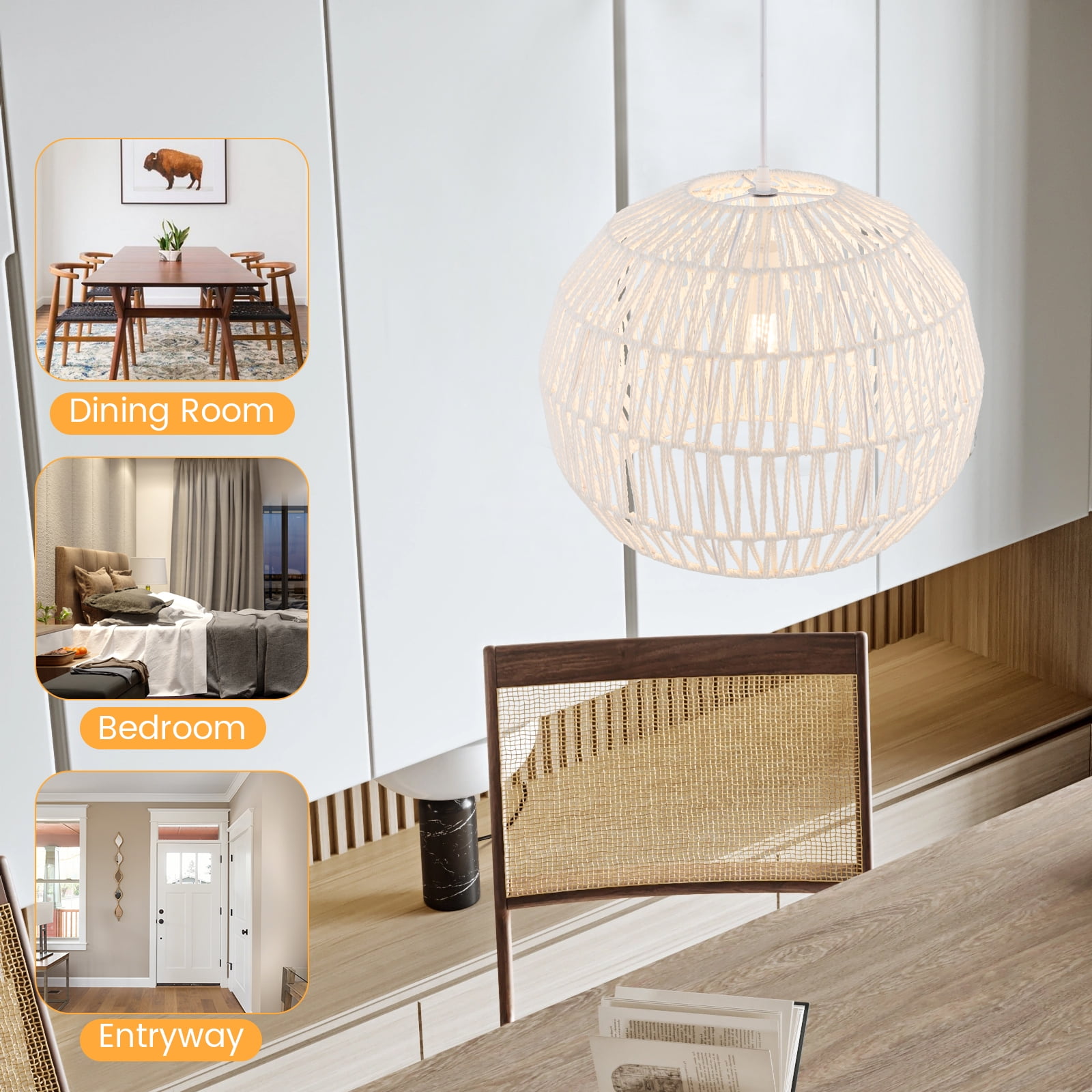 Topbuy Paper Pendant Light Fixture Round Hanging Ceiling Light with Adjustable Hanging Rope 17.5” Decorative Chandelier