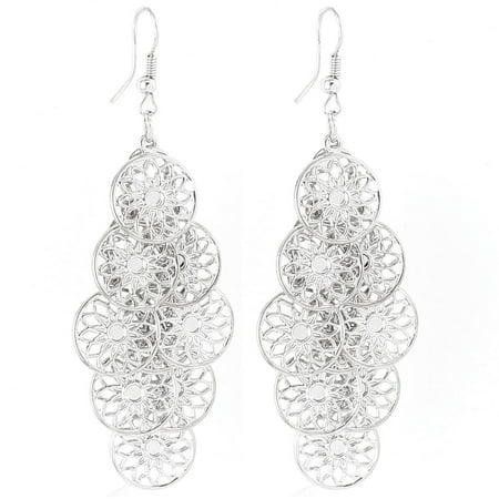Silver Tone Diamond Chandelier Earrings Unique Bargains Woman Hollow Flower Circle Dangle Chandelier Fish Hook Earrings Silver Tone Pair ()