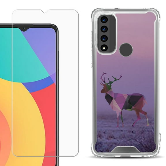 Shockproof Bumper Phone Case for TCL 20 XE, with Tempered Glass Screen Protector, by OneToughShield ® - Deer/Polygon