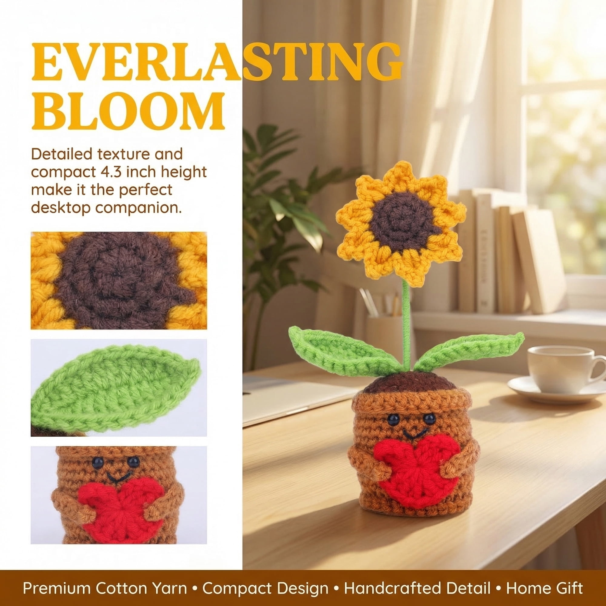 Unique Bargains 2Pcs Handmade Crochet Sunflower Potted Plant Love-Themed Sunflowers 4.3 in