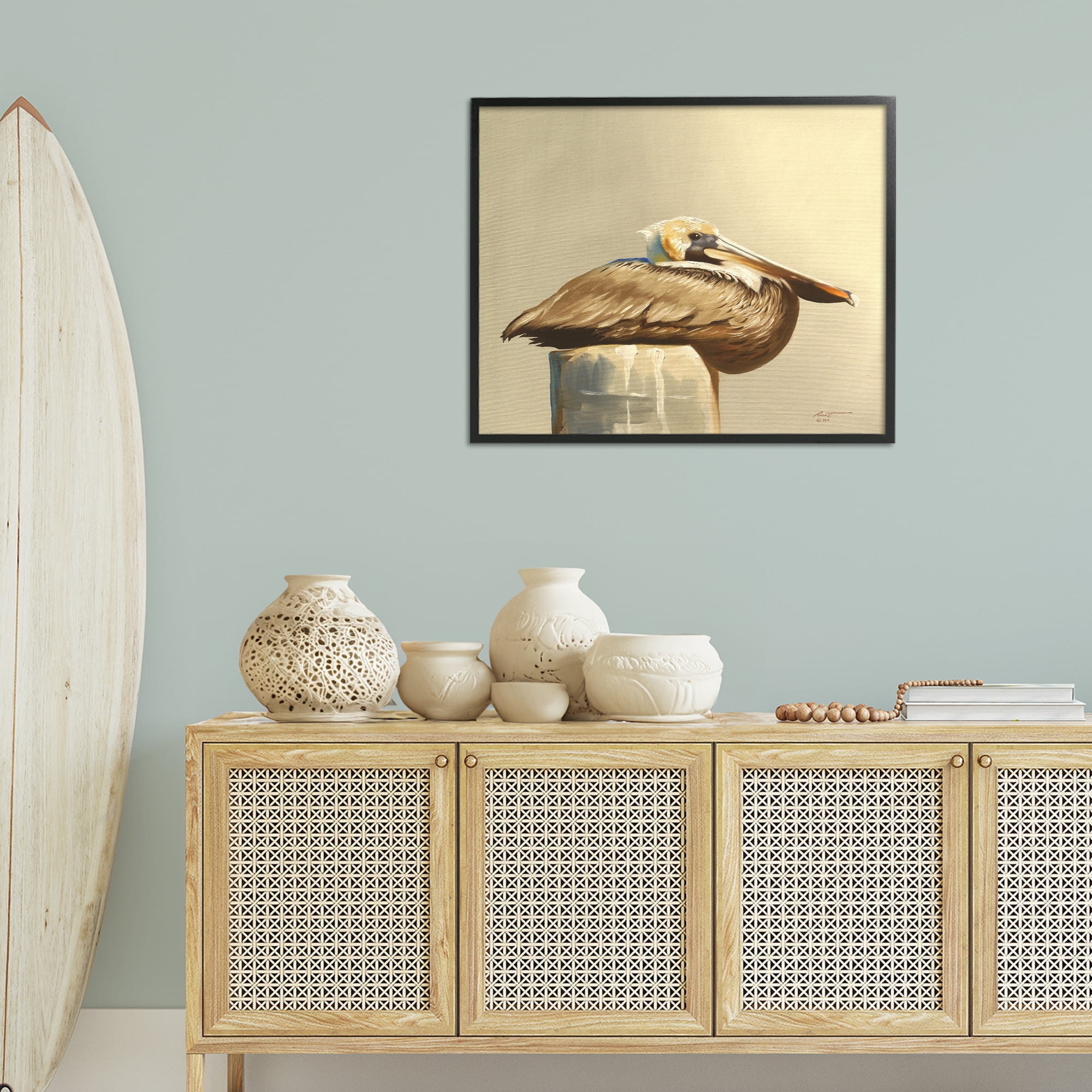 Stupell Industries Pelican Resting on Dock Animals & Insects Painting Black Framed Art Print Wall Art, 30 x 24