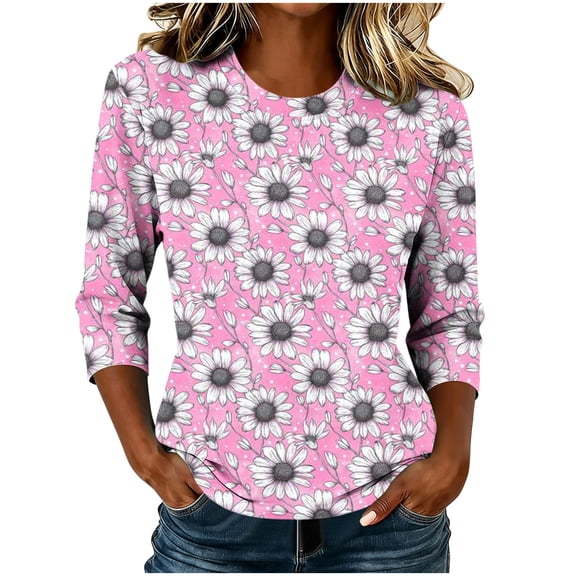Edvintorg Tops Women Plus Size Fashion Floral Printed Crew Neck 3/4 Sleeve Casual Pullover Shirt Women's Blouses Womens Clothing Pink XXXL