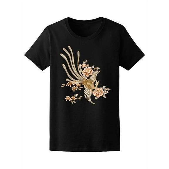 Beautiful Golden Bird & Flowers T-Shirt Women -Image by Shutterstock, Female Medium