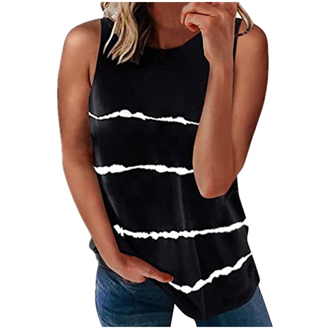 MRULIC T-Shirts pour Femmes Mode T-shirt Sans Manches Ample Col Rond Imprimé Rayé Hauts T-Shirts pour Femmes Noir + 3TG