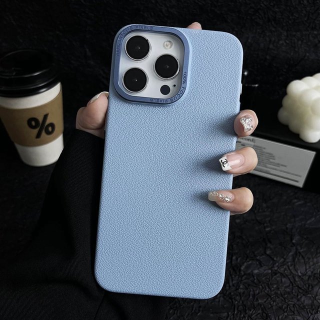 Matte Titanium gray Lichee leather pattern phone case for iPhone 16 15 14 13 12 11 Pro Max metal lens frame shockproof hard case YuanFeng Blue For iPhone13 Pro Max
