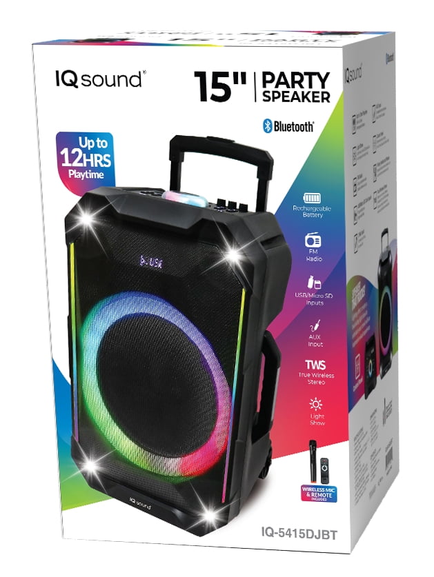IQ Sound IQ-5415DJBT 15-inch Portable Bluetooth Speaker, Built-in Bluetooth, TWS, FM Radio, Micro SD/USB/AUX/Mic Inputs