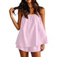 thumbnail image 3 of OOOUM Women 2 Piece Matching Outfits Strapless Smocked Top Elastic Waist Shorts Set Light Textured Woven Fabric Solid Color Casual Summer Clothing Set Light Pink L, 3 of 5