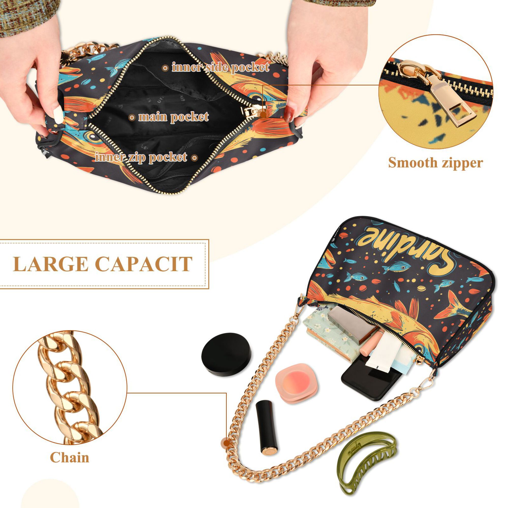FORMRS Womens Shoulder Bag with Chain Strap Clutch Purse Cute Tote Handbag, Black Sardines Pattern