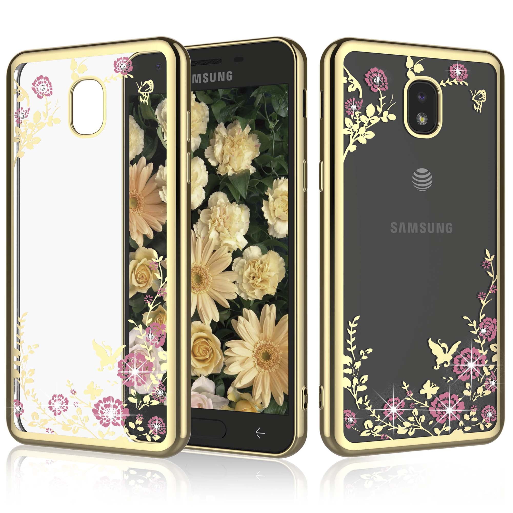 Njjex Phone Cases 5.5" Samsung Galaxy J7 2018 / J7 Aero / J7 Aura / J7 Crown / J7 Top / J7 Refine / J7 Eon / J7 Star, 2-Piece Retro Flower Pattern Slim Transparent Bling Diamond Soft Case Cover