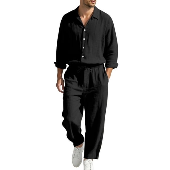 NAFUU Men's 2 Piece Outfit Mens Linen Sets Long Sleeve Button Down Shirt And Pants Set Solid Color Summer Thin Beach Outfits Athletic Jogging Outfits
