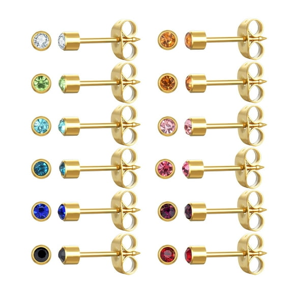 12 Pairs Ear Piercing Stud Earrings,Surgical Stainless Steel Multicolor Cubic Zirconia Birthstone Stud Earrings for Piercing Guns 2mm 3mm 4mm
