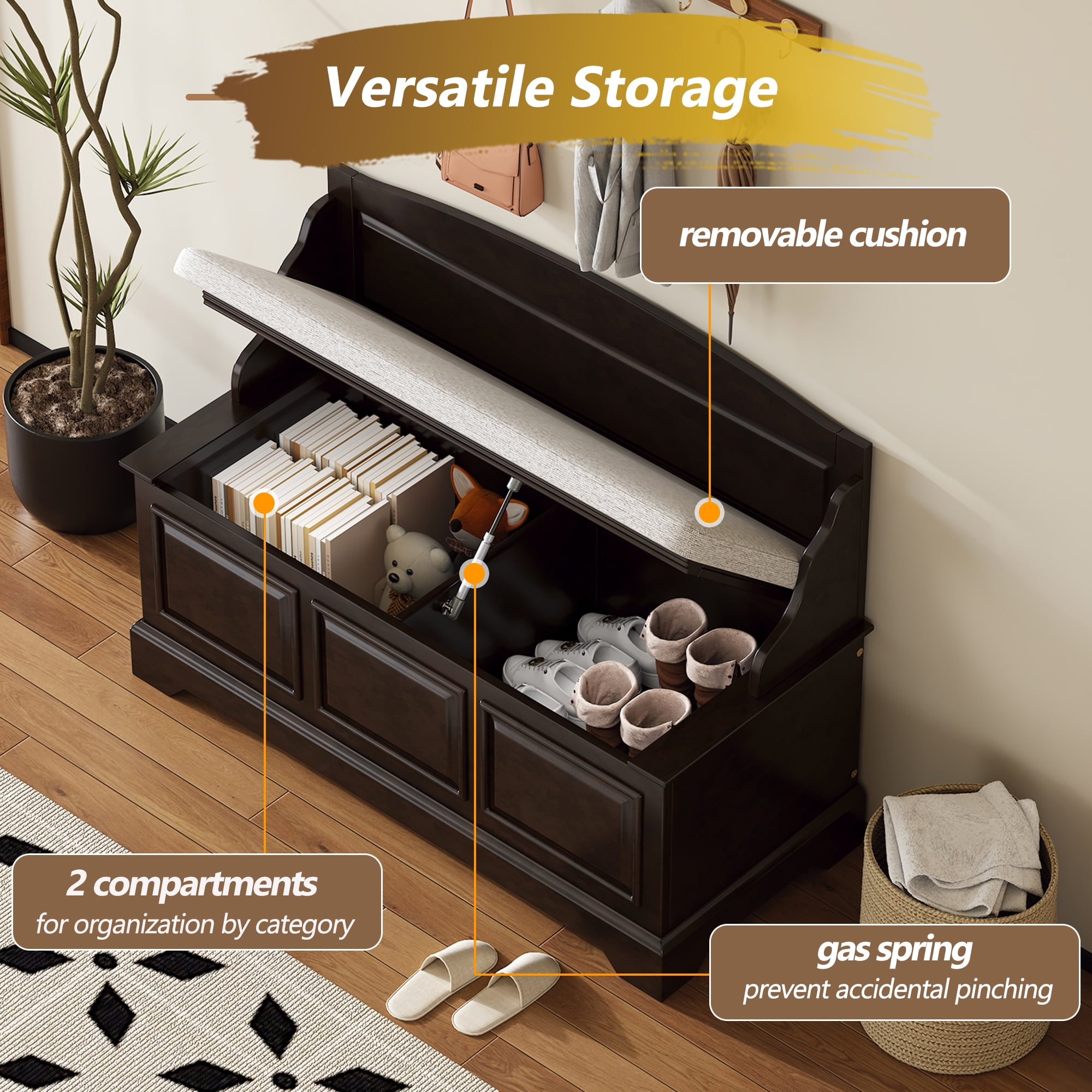 Shoe Bench, Retro Shoe Storage Bench with Soft-Close Devices, Hidden Storage and Cushion for Entryway, Hallway, Living Room (Espresso)