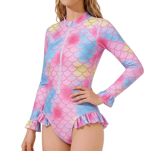 Girls One Piece Swimsuits Rash Guard Long Sleeve Bathing Suits Swimwear with Zipper and Ruffle Hem Swimwear