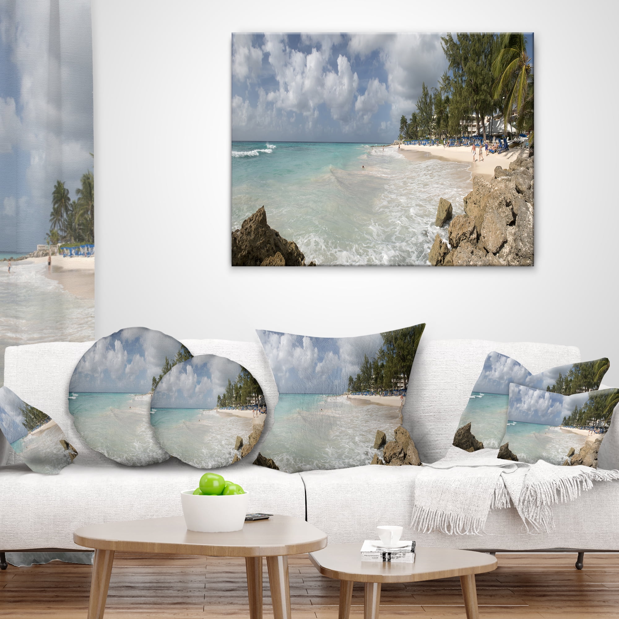 Designart Barbados Island White Seashore - Modern Seascape Throw Pillow - 16x16