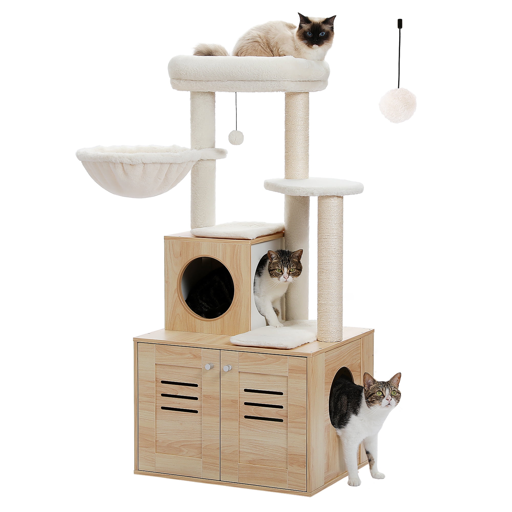 Pefilos 50" Wood Cat Tree Tower for Adult Cats with Litter Box Included, Multi-Level Cat Condo for Indoor Cat Play House Activity Center with Scratching Post, Beige Pefilos 50" Wood Cat Tree Tower for Adult Cats with Litter Box Included, Multi-Level Cat Condo for Indoor Cat Play House Activity Center with Scratching Post, Beige
