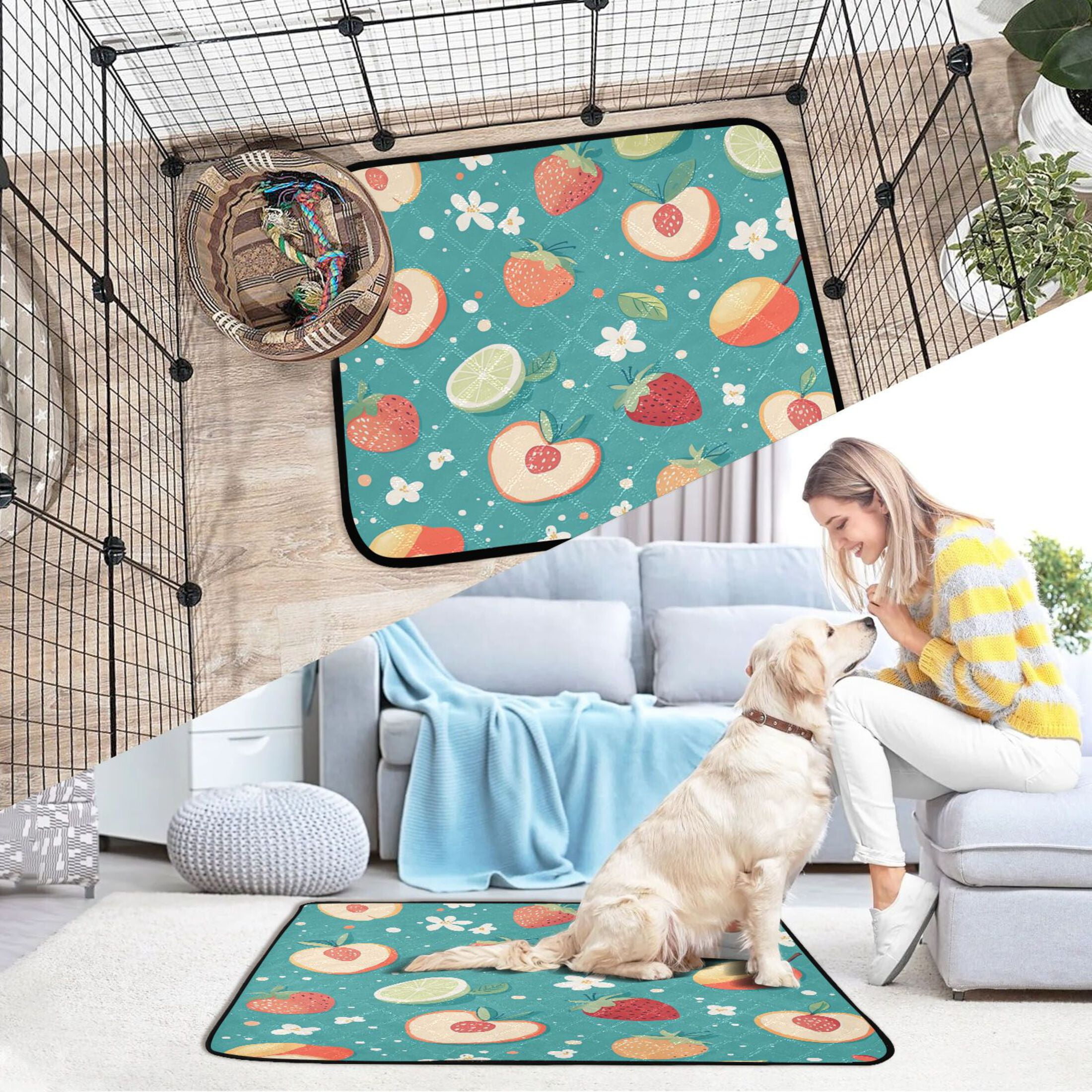 Qxltty Peaches and Strawberries in A Repeating Pattern Cat litter Pads Pet Set of 3 Diaper Mats Center Anti-leakage Layer Absorbent Soft and Comfortable