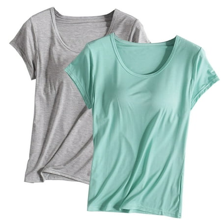 ibuvkizy Womens Summer Tops Clearance 2PCS Womens Built in Bra T Shirt Padded Active Yoga Plus Size Tops Solid Color Crew Neck Short Sleeves Blouses Soft Pajama Casual Workout Shirts