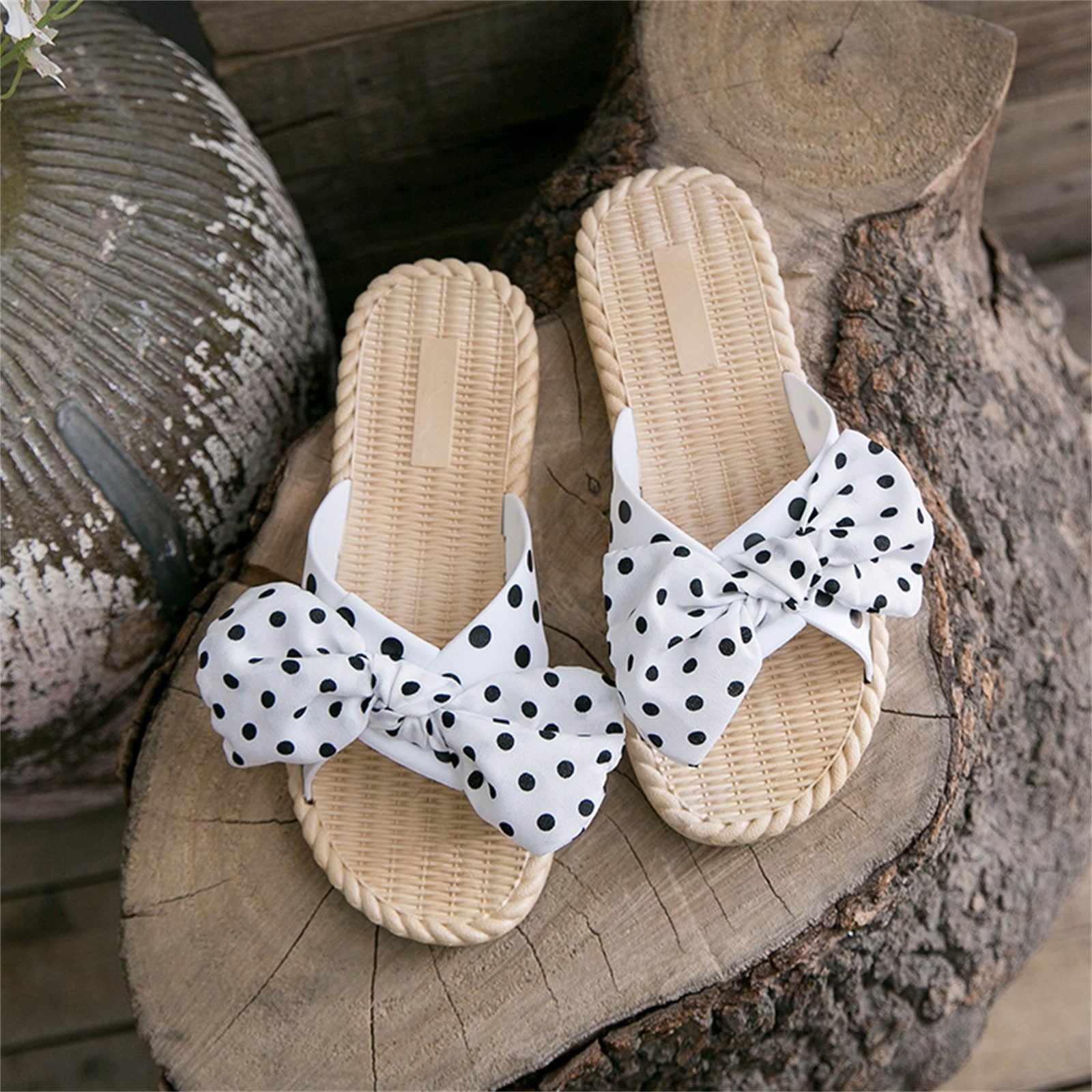 Black and white polka dot slippers sales