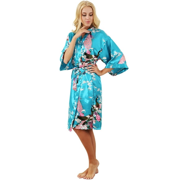 Mr & Mrs Right Women's Satin Kimono Robes ,Peacock Silk Bridesmaid Bathrobes ,Blossoms Dressing Night Gown,Lake Blue XS