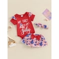 thumbnail image 3 of Musuos Baby Girl 4th of July Outfit, 3M 6M 12M 18M Letter Print Short Sleeve Romper Elastic Waist Skirt Shorts Bow Headband Summer Set, 3 of 10