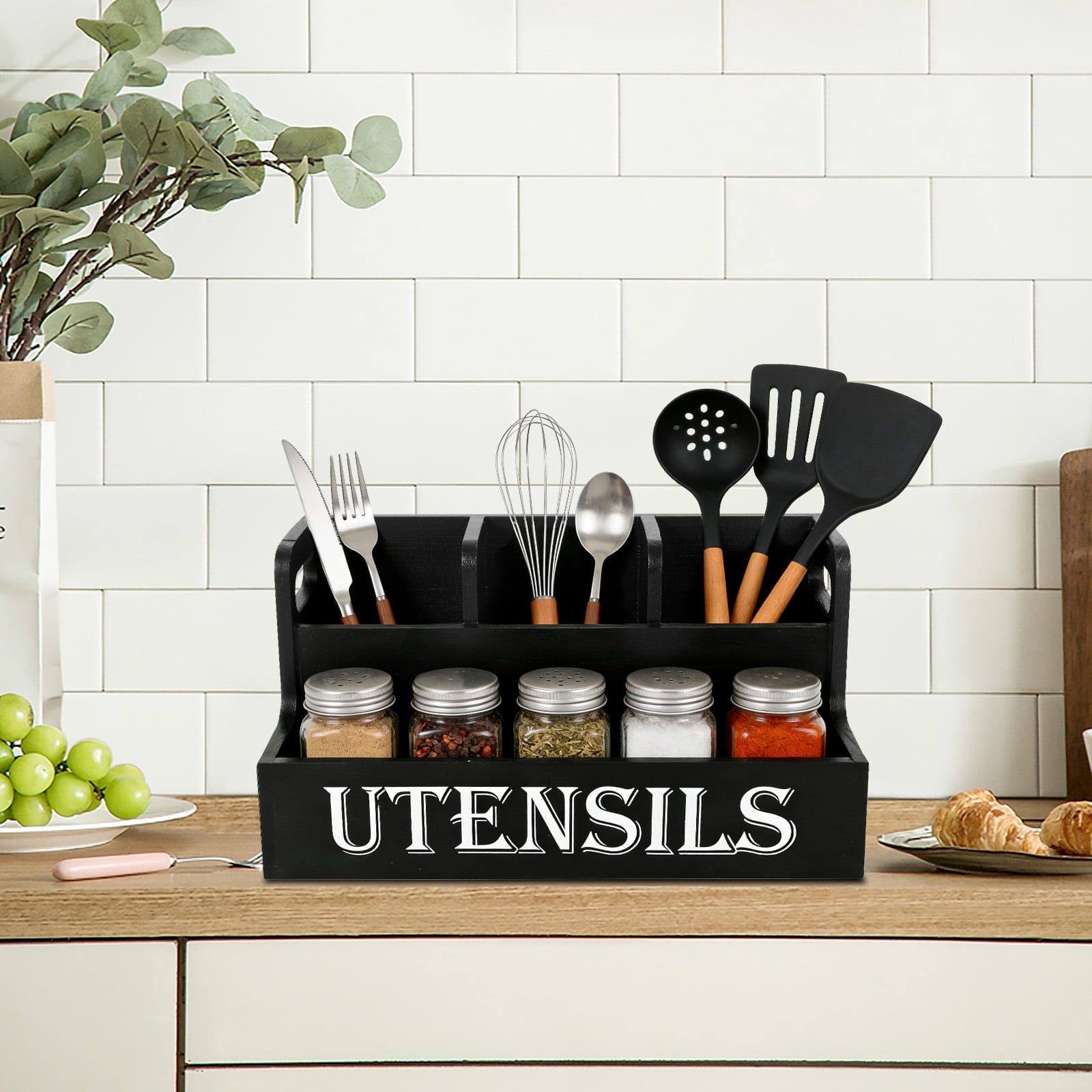 FUYGRCJ Extra Large Kitchen Utensils Holder with 4 Compartments, 2 Layers Wooden Utensil Organizer, Farmhouse Cooking Spatula Storage Caddy for Kitchen Countertop, Flatware Spoon Tool Organizer