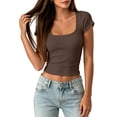 thumbnail image 5 of IYYVV Women's Short Sleeve Tops Summer Lace Trim Square Neck Slim Fitted Going Out Basic Tee Shirts Y2K Clothes 2026 Brown XL, 5 of 5