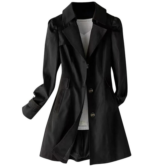 hoksml Women's Trench Coat Solid Color Notched Lapel Long Sleeve Button Pocket Casual Fall Jacket Mid-Length Outerwear